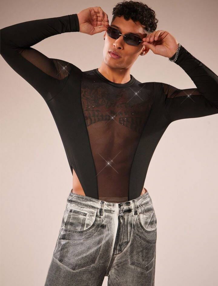 Men's Round Neck Long Sleeve Mesh Patchwork Sheer Bodysuit